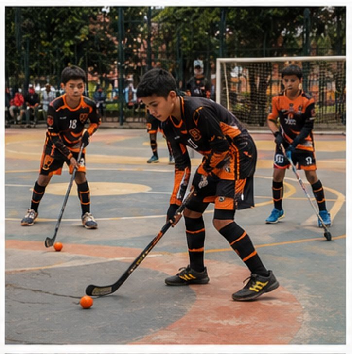 Jugador del Club Deportivo Eagles conduciendo la bola de hockey sobre piso con el stick en una cancha de Suba