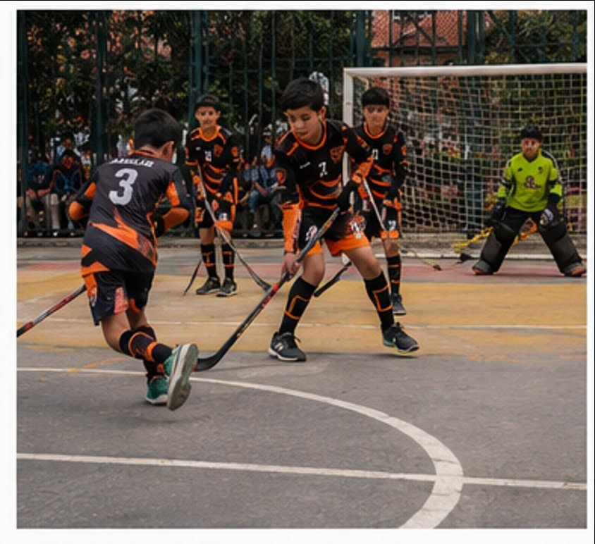 Jugadores del Club Deportivo Eagles disputando una jugada de hockey sobre piso frente al arco